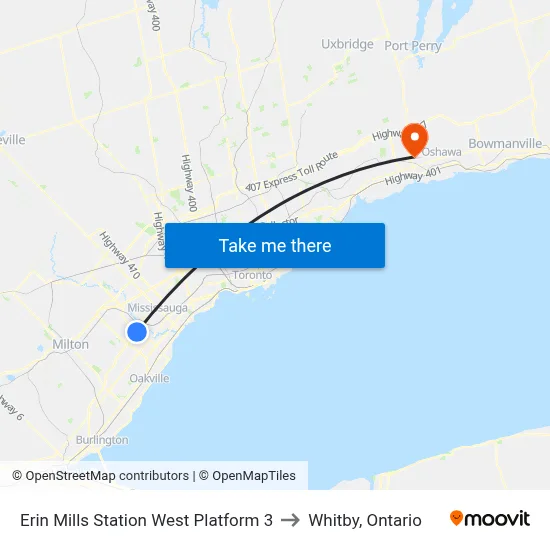 Erin Mills Station West Platform 3 to Whitby, Ontario map