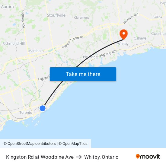 Kingston Rd at Woodbine Ave to Whitby, Ontario map