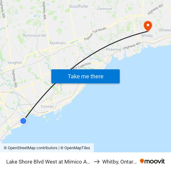 Lake Shore Blvd West at Mimico Ave to Whitby, Ontario map