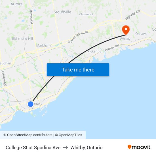 College St at Spadina Ave to Whitby, Ontario map