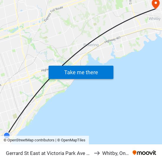 Gerrard St East at Victoria Park Ave West Side to Whitby, Ontario map