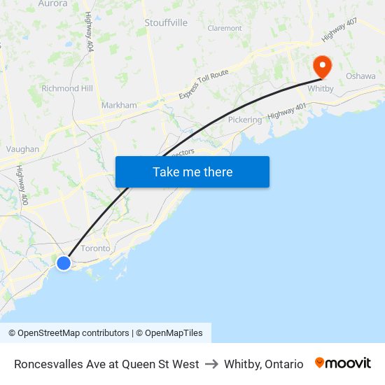Roncesvalles Ave at Queen St West to Whitby, Ontario map