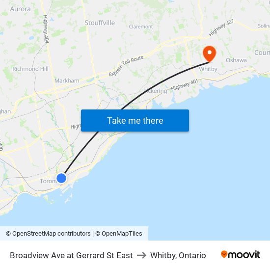 Broadview Ave at Gerrard St East to Whitby, Ontario map