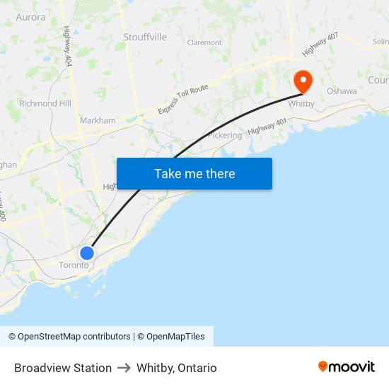 Broadview Station to Whitby, Ontario map