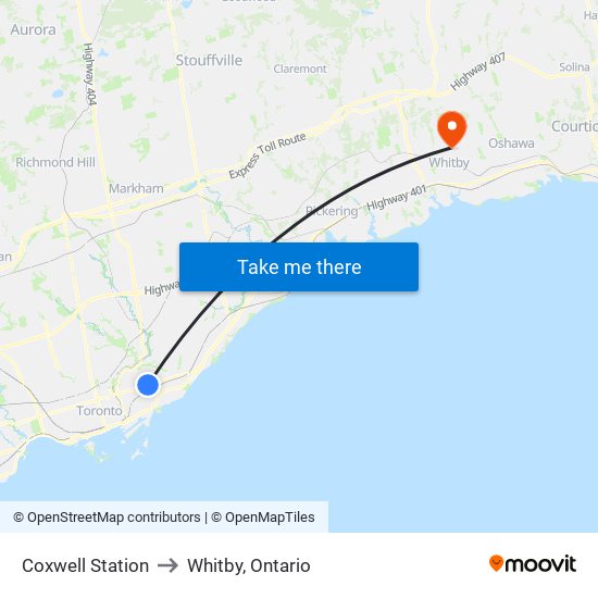 Coxwell Station to Whitby, Ontario map