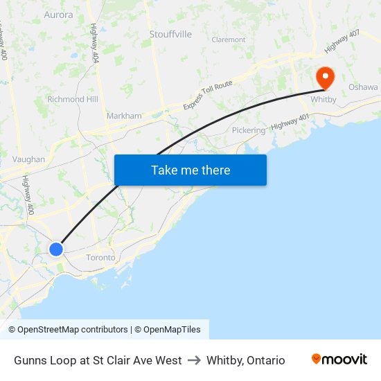 Gunns Loop at St Clair Ave West to Whitby, Ontario map