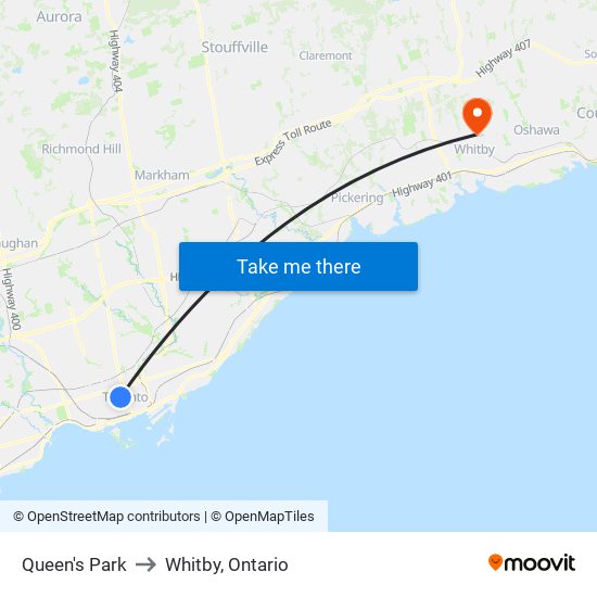 Queen's Park to Whitby, Ontario map