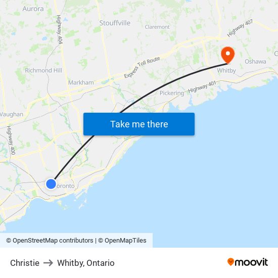 Christie to Whitby, Ontario map