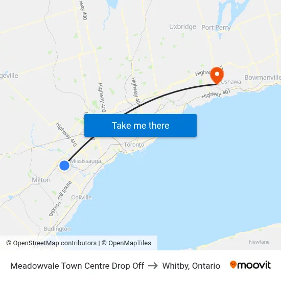 Meadowvale Town Centre Drop Off to Whitby, Ontario map