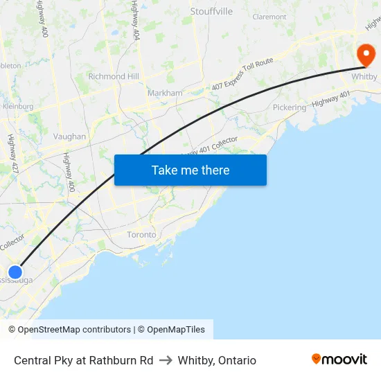 Central Pky at Rathburn Rd to Whitby, Ontario map
