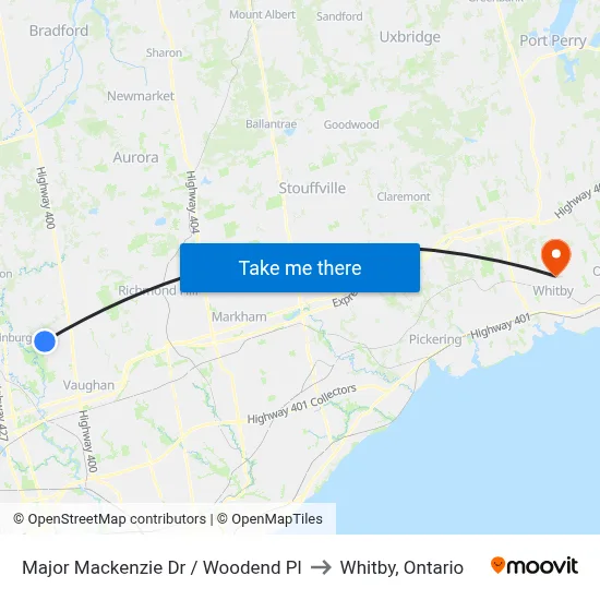 Major Mackenzie Dr / Woodend Pl to Whitby, Ontario map