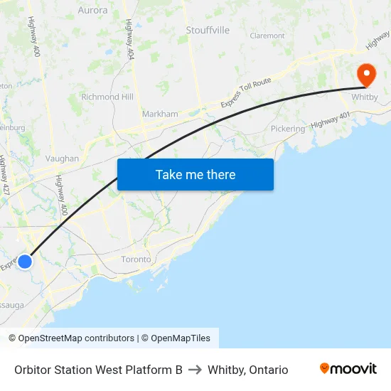 Orbitor Station West Platform B to Whitby, Ontario map