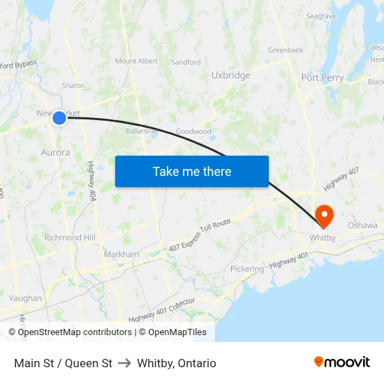 Main St / Queen St to Whitby, Ontario map