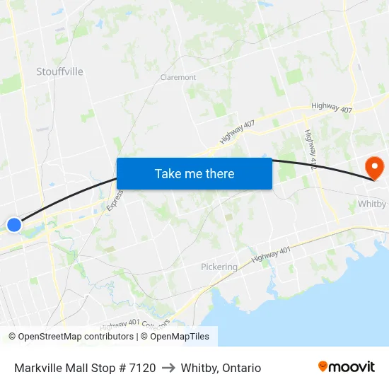 Markville Mall Stop # 7120 to Whitby, Ontario map