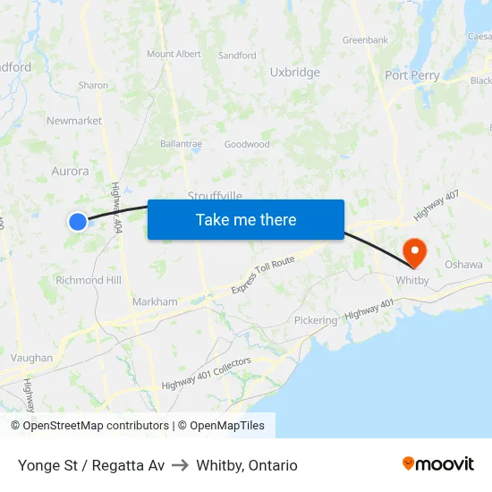 Yonge St / Regatta Av to Whitby, Ontario map