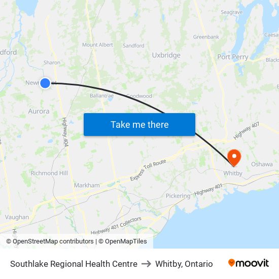 Southlake Regional Health Centre to Whitby, Ontario map