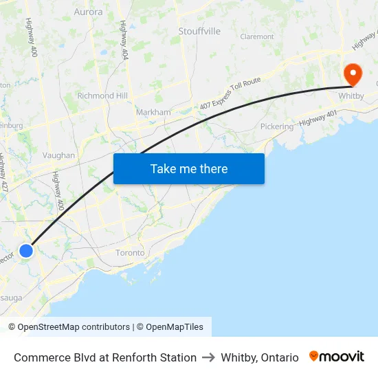 Commerce Blvd at Renforth Station to Whitby, Ontario map