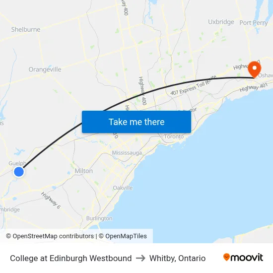 College at Edinburgh Westbound to Whitby, Ontario map