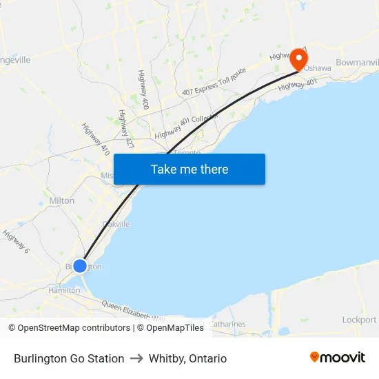 Burlington Go Station to Whitby, Ontario map