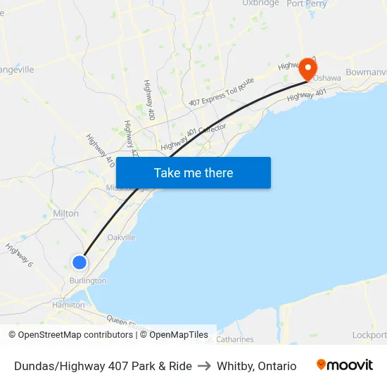 Dundas/Highway 407 Park & Ride to Whitby, Ontario map