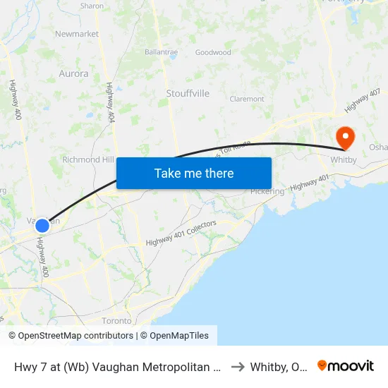 Hwy 7 at (Wb) Vaughan Metropolitan Centre Station to Whitby, Ontario map