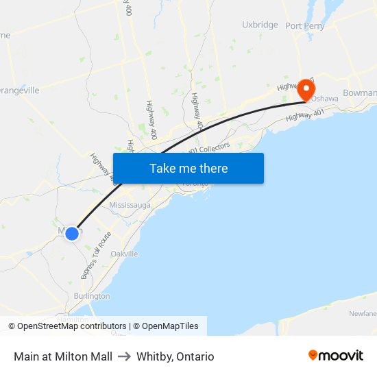 Main at Milton Mall to Whitby, Ontario map