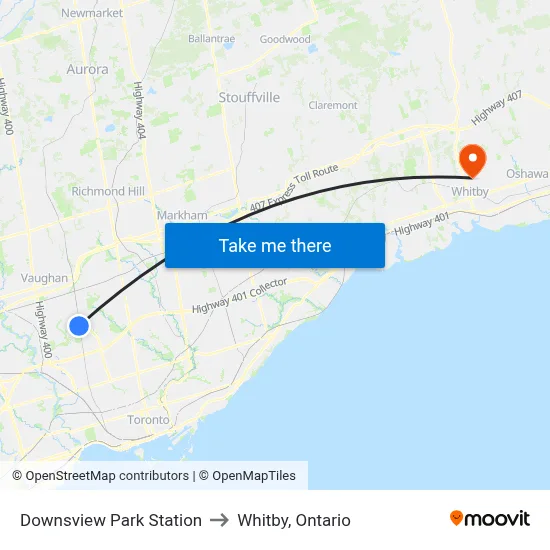Downsview Park Station to Whitby, Ontario map