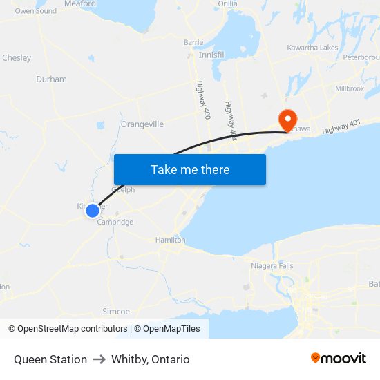 Queen Station to Whitby, Ontario map