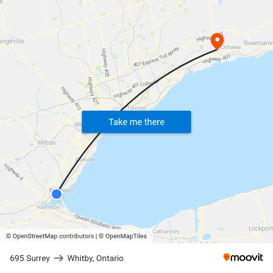 695 Surrey to Whitby, Ontario map