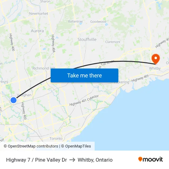 Highway 7 / Pine Valley Dr to Whitby, Ontario map