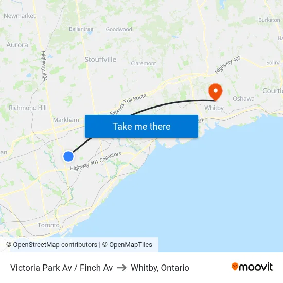 Victoria Park Av / Finch Av to Whitby, Ontario map