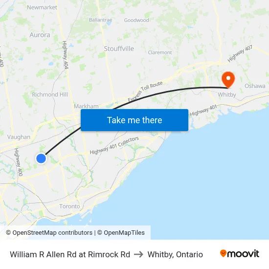 William R Allen Rd at Rimrock Rd to Whitby, Ontario map