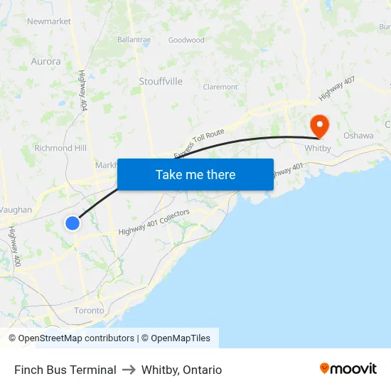 Finch Bus Terminal to Whitby, Ontario map