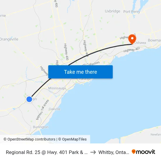 Regional Rd. 25 @ Hwy. 401 Park & Ride to Whitby, Ontario map
