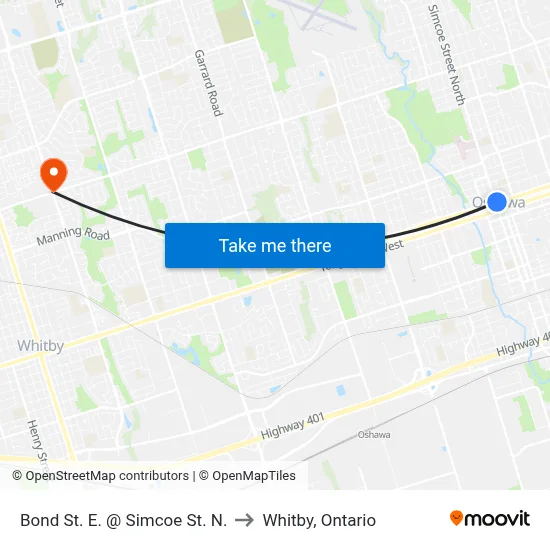 Bond St. E. @ Simcoe St. N. to Whitby, Ontario map
