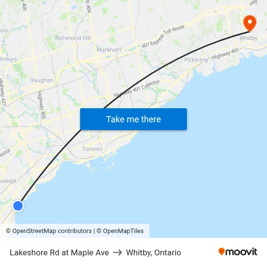 Lakeshore Rd at Maple Ave to Whitby, Ontario map