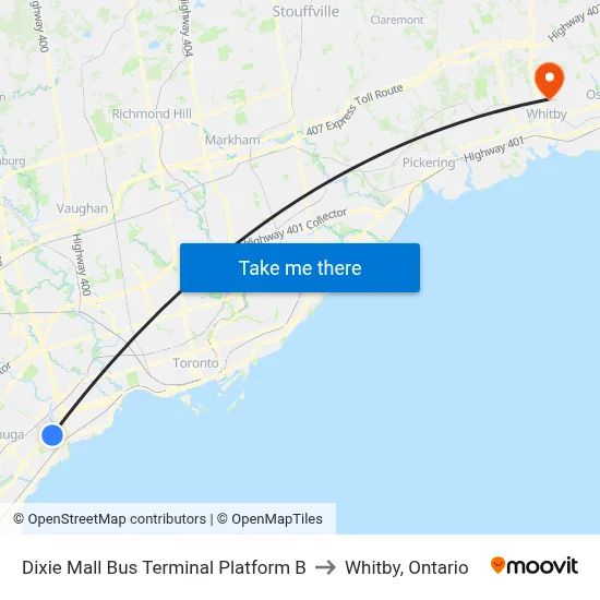 Dixie Mall Bus Terminal Platform B to Whitby, Ontario map