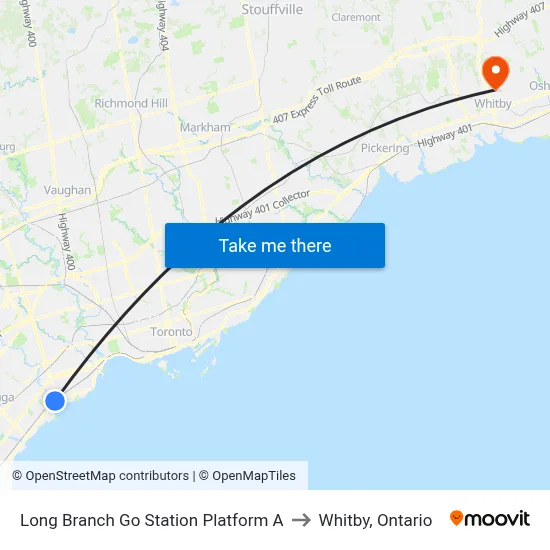 Long Branch Go Station Platform A to Whitby, Ontario map