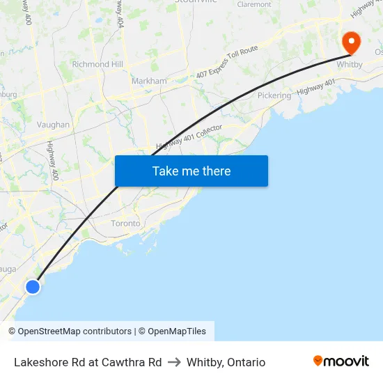 Lakeshore Rd at Cawthra Rd to Whitby, Ontario map