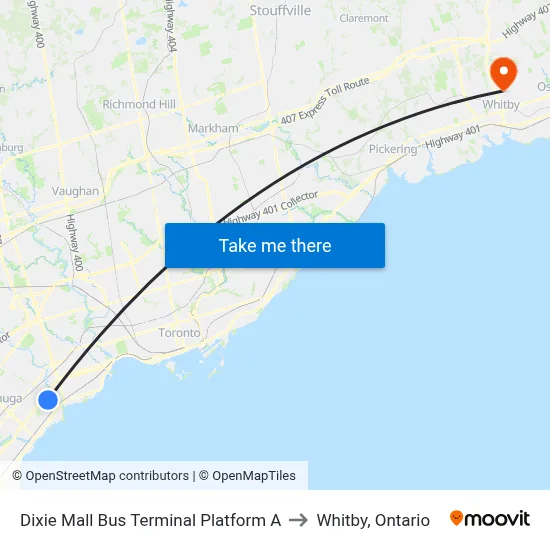 Dixie Mall Bus Terminal Platform A to Whitby, Ontario map
