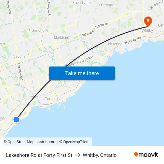 Lakeshore Rd at Forty-First St to Whitby, Ontario map