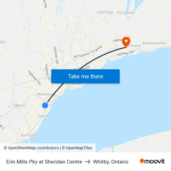Erin Mills Pky at Sheridan Centre to Whitby, Ontario map