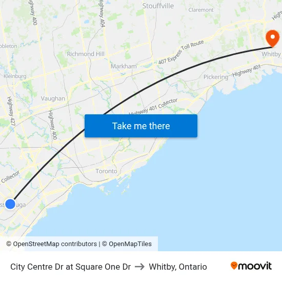 City Centre Dr at Square One Dr to Whitby, Ontario map