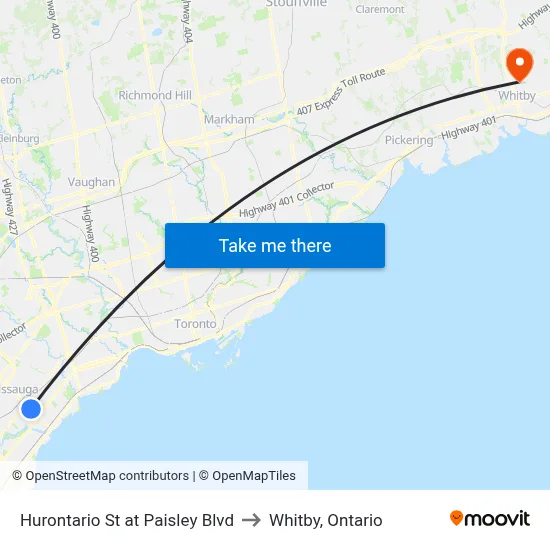 Hurontario St at Paisley Blvd to Whitby, Ontario map