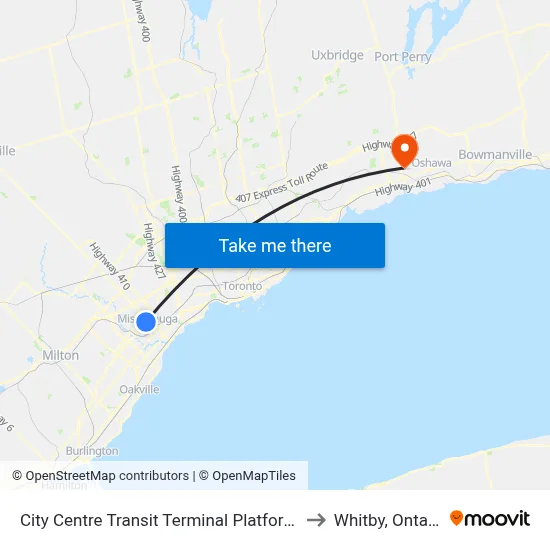 City Centre Transit Terminal Platform K to Whitby, Ontario map
