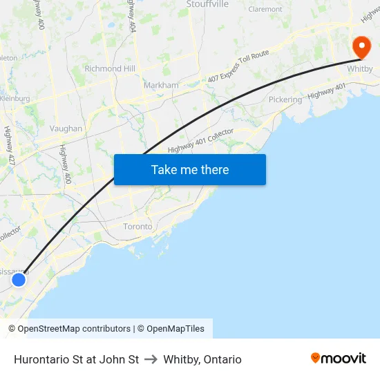 Hurontario St at John St to Whitby, Ontario map