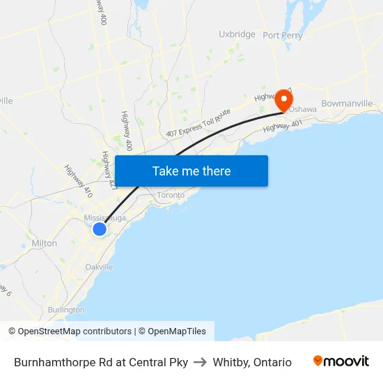 Burnhamthorpe Rd at Central Pky to Whitby, Ontario map