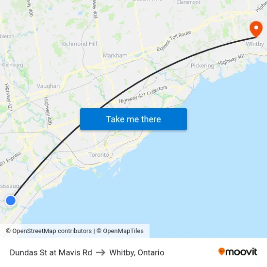 Dundas St at Mavis Rd to Whitby, Ontario map