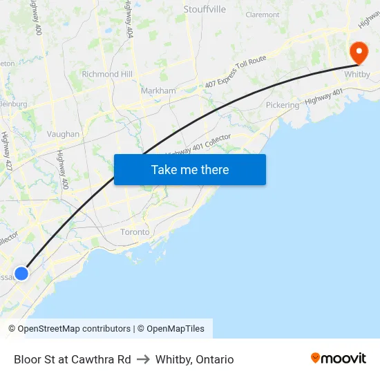 Bloor St at Cawthra Rd to Whitby, Ontario map