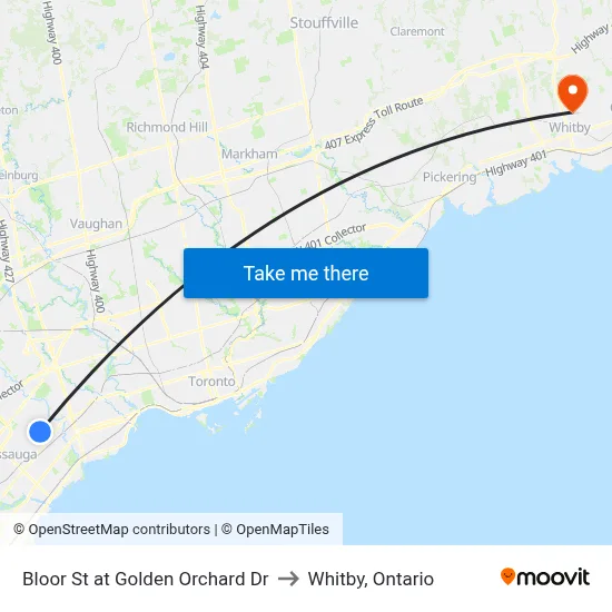 Bloor St at Golden Orchard Dr to Whitby, Ontario map